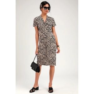 Lulu’s | NWOT Ashlyn Taupe Leopard Print Midi Shirt Dress